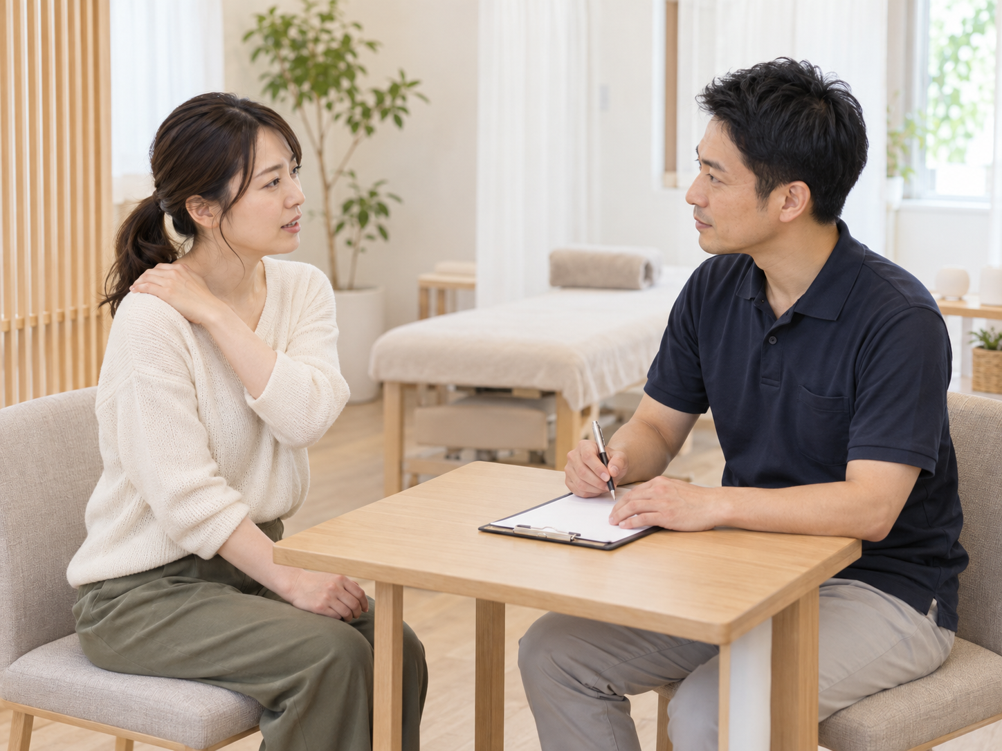 来院者が肩の不調について施術者に相談する場面（AI生成のイメージ）