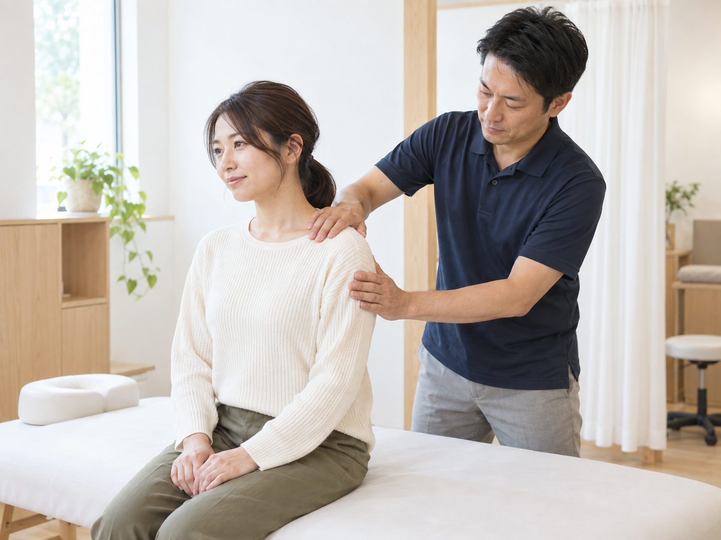 施術者が着衣のまま肩まわりをやさしく施術する場面（AI生成のイメージ）